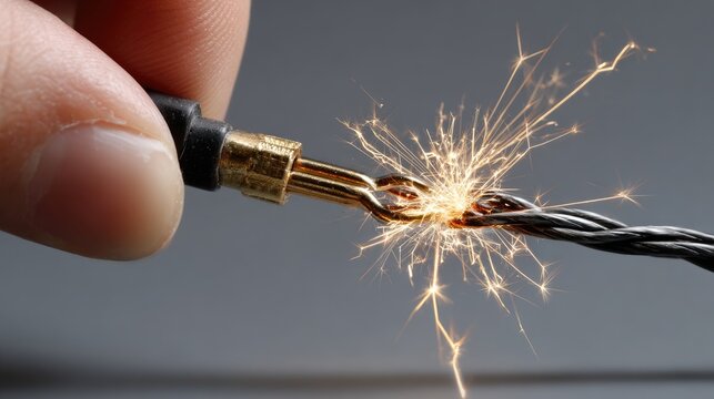 Close-up of Hand Holding Electric Wire with Spark Illustrating Electrical Connection and Conductivity in Action