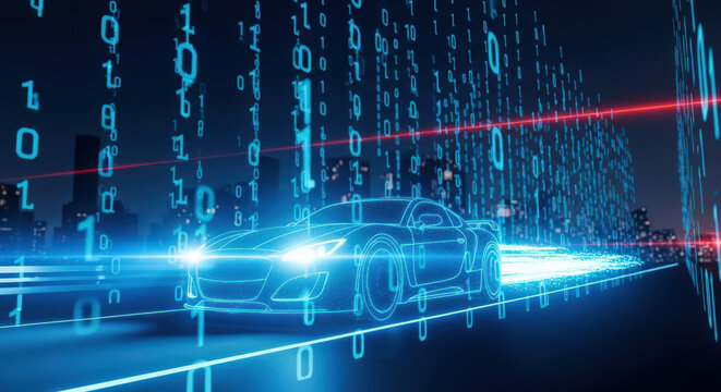 Futuristic Car with Digital Data Stream, Illustrating Technological Advancement, Autonomous Driving, and Innovation in Automotive Industry
