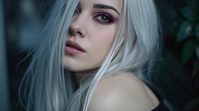 A gorgeous woman with white hair looks at the camera with her green eyes. The caucasian person is serious in a portrait that is dramatic and elegant.