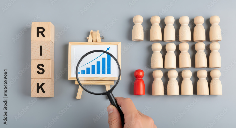Poster analyzing business risk factors with magnifying glass examining growth chart and wooden figures repr