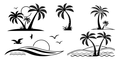 Fototapeta premium Tropical Palm Trees and Ocean Waves Silhouette Collection 1.
