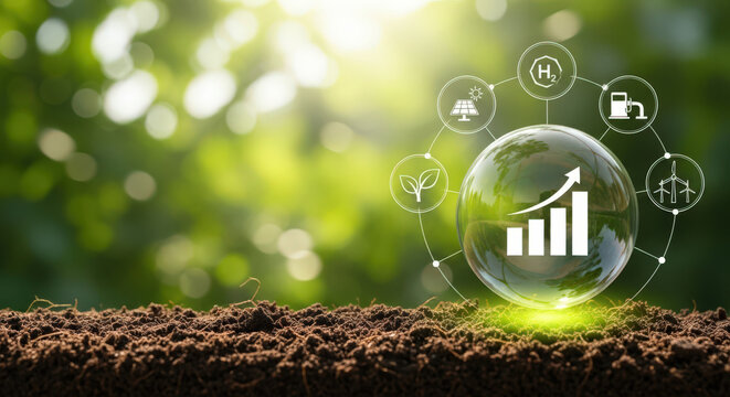 Sustainable Investment Growth Concept A Globe with a Rising Bar Graph Surrounded by Renewable Energy Icons Represents Green Finance and Environmental Responsibility - Powered by Adobe