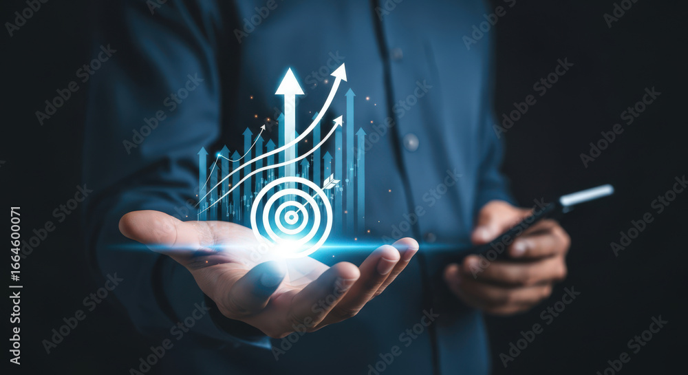 Poster business growth and success a conceptual image of rising graph and target in hand representing finan