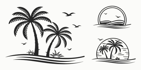 Tropical Palm Trees and Ocean Waves Silhouette.