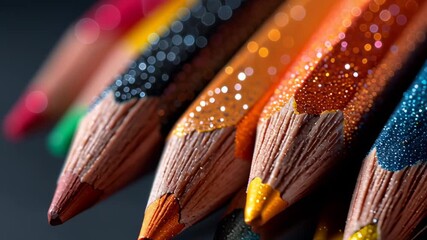 A macro shot of several colorful pencils with sharp tips arranged in a row. The creative tools are glowing and covered in glitter.
