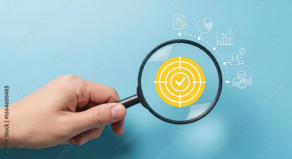 Poster strategic focus magnified achieving goals and objectives with precision business analytics and data 