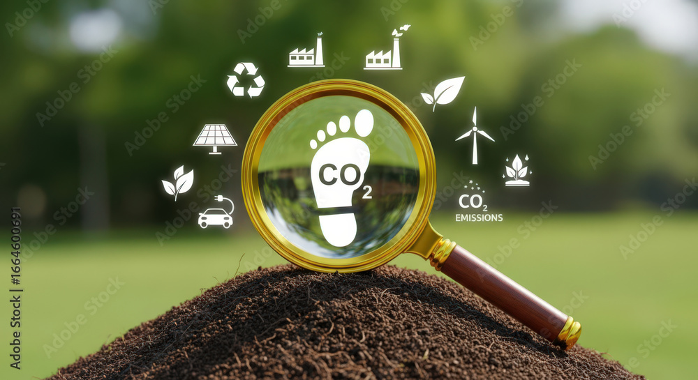 Poster Carbon Footprint Reduction Concept with Magnifying Glass Focusing on CO2 Emissions and Sustainable Practices for Environmental Conservation and Climate Change Mitigation