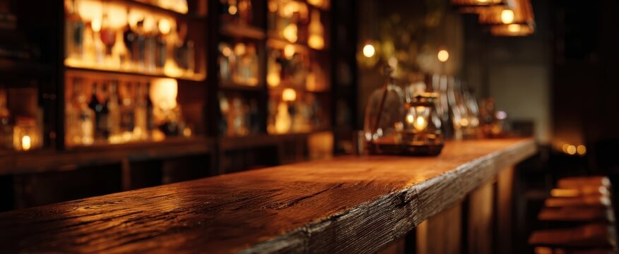 The Bar Counter Bathed in Warm Ambient Light with Rustic Wooden Texture and Shelves