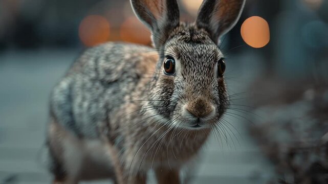 A close-up portrait of a wild brown hare or rabbit standing still and looking straight into the camera with bokeh lights in the background.