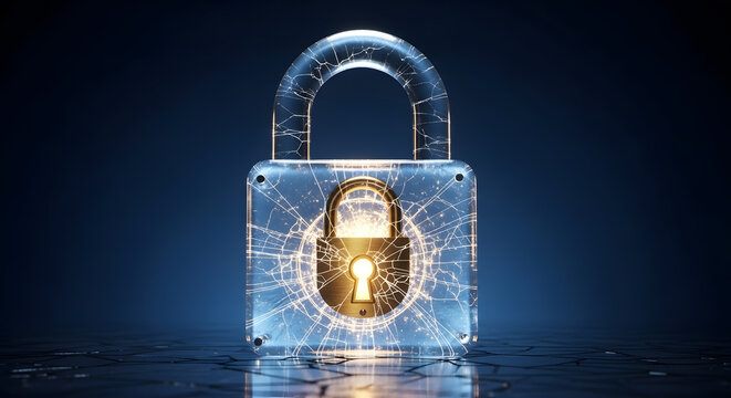 Cracked Transparent Padlock with Golden Lock Mechanism