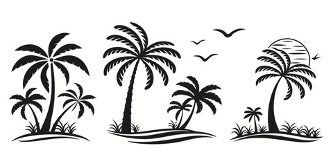 Fototapeta premium Tropical Palm Trees Silhouette with Birds and Sun