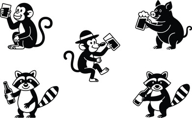 Cartoon animals drinking beverages, monkey pig raccoon characters, black and white vector, funny expressive poses, anthropomorphic style, bold outline illustration