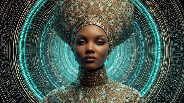 A regal, beautiful woman with dark skin and a jeweled headdress looks at the camera. She is a queen from an ancient civilization with a luminous halo.