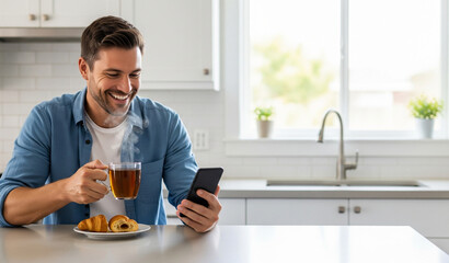 Happy man drinking tea while using smart phone in the kitchen. Copy space.