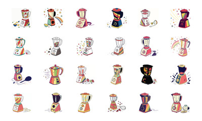 Colorful Vector Illustration Set of Home Appliances and Modern Gadgets – Blender, Power Cable, Retro Camera, CCTV Security Camera, Coffee Maker, Alarm Clock, Smartphone with Power Bank, Bicycle, Elect