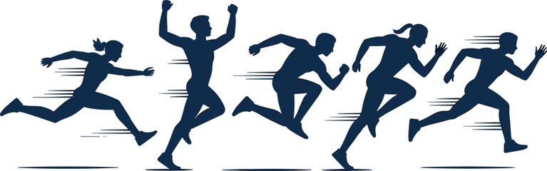 Dynamic running silhouettes in motion with speed lines, athletic figures sprinting forward, energetic sports vector for fitness, competition, and motivation themes