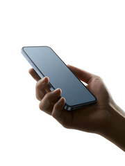 Person using a contemporary touchscreen smartphone, isolated on white with elegant side lighting for a dramatic effect