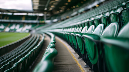 Obraz premium green seats in the stands of football stadium, a grassy field and green background