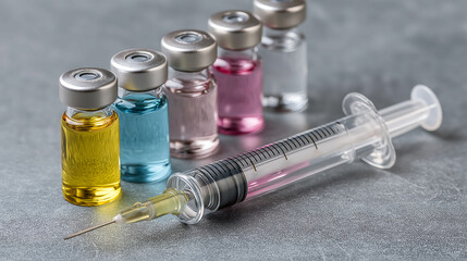 Disposable medical syringe with needle and vial of medicines serum for injection. Immunization, Insulin hormone, Vaccination, Cosmetic injection and health care
