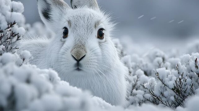 A close-up portrait of a wild white hare or rabbit blending in with the snowy environment. The animal is hiding among the plants and looking around.