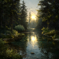 Obraz premium Peaceful River Flowing Through Green Forest at Sunset