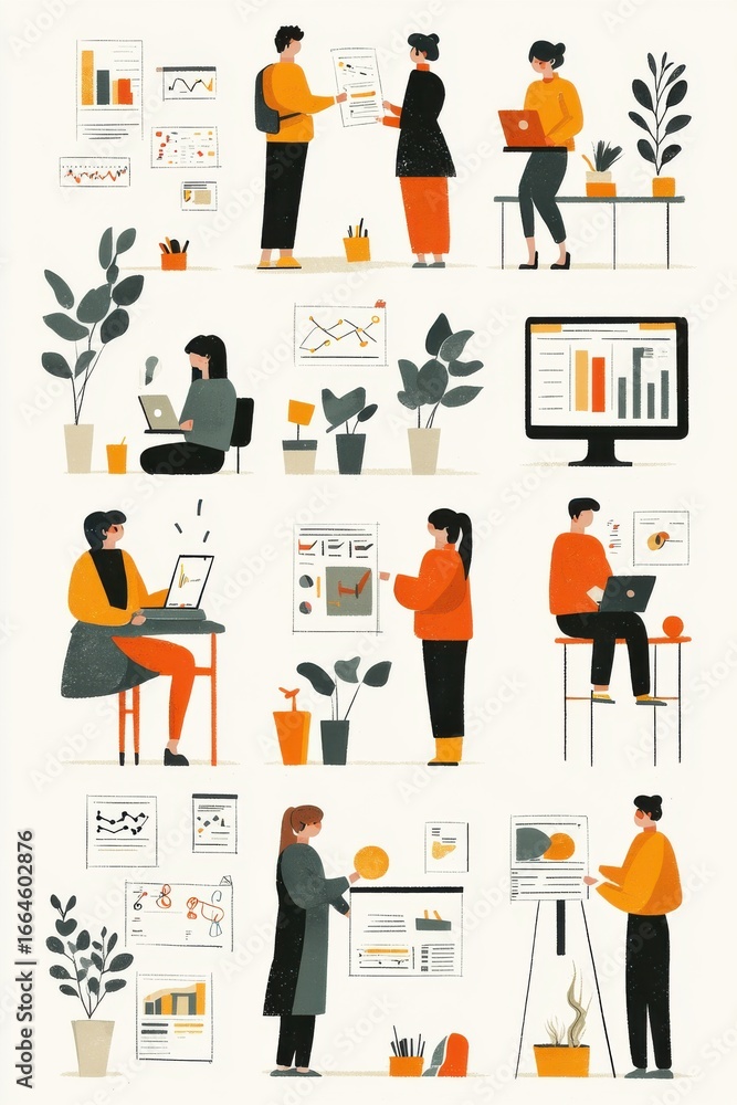 Aufkleber illustrations of people analyzing data on charts and computers