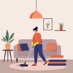 Fototapeta premium A diligent woman in gloves performs essential daily housework, meticulously cleaning the floor with a mop in her modern and comfortable living room, maintaining a pristine home environment