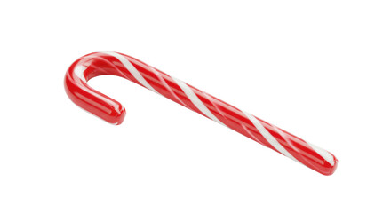 Pristine, glossy red and white striped candy cane, perfectly formed, isolated against an immaculate bright white studio background, celebrating holiday cheer and sweet tradition