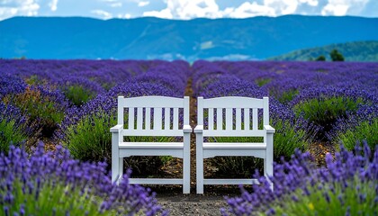 Two white wooden park benches sit amidst a vast expanse of vibrant purple lavender blossoms, bathed in sunlight against a backdrop of a clear blue sky and distant mountains.