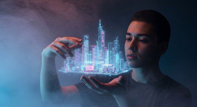 Young man holding glowing futuristic city hologram, envisioning smart urban development and innovation.,Generated Image