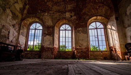 Fototapeta premium Ruined building interior, sunlight through windows