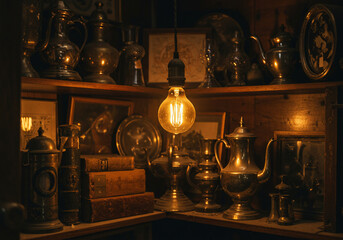 A warmly lit vintage display shelf featuring antique metal objects, books, and framed pictures, illuminated by a single Edison-style light bulb.