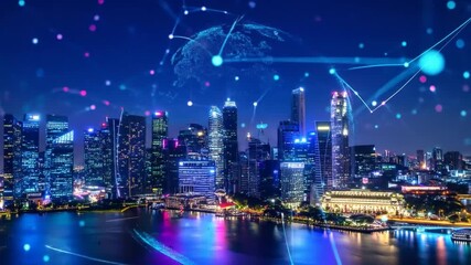 Futuristic Singapore cityscape illuminated at night with dynamic data visualization overlays - Powered by Adobe