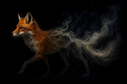 Ethereal red fox dissolving into smoke while running on a black background