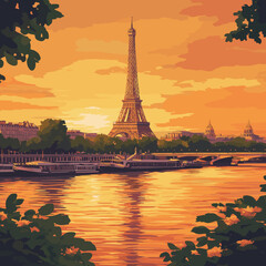 Fototapeta premium Eiffel Tower sunset reflection over the Seine River