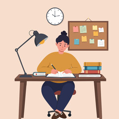 Fototapeta premium A focused young woman diligently studying at her desk with a lamp, books, and a bulletin board in the background, promoting education and self-improvement