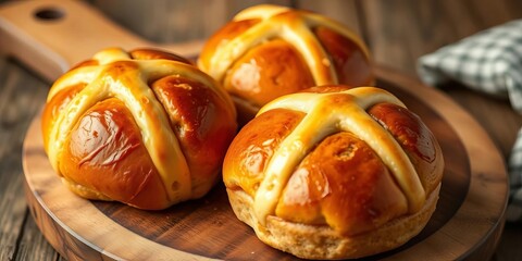 Golden-brown homemade hot cross buns, slightly glistening, on a rustic wooden board,  pastry,   bakery