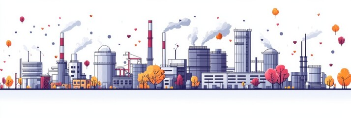 Fototapeta premium Industrial factory in autumn landscape with colorful foliage