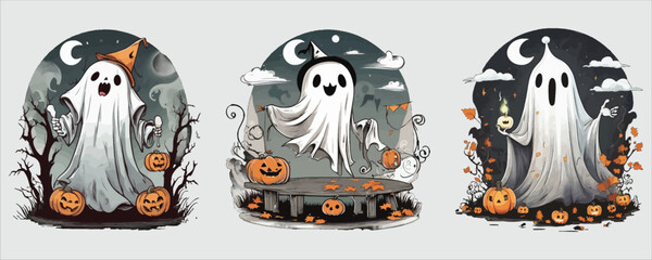 Fototapeta premium Art of three halloween ghosts in a spooky scene