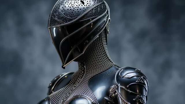 A warrior wearing futuristic steel armor and a helmet. The suit is made of chainmail and metal plates. The heroine is looking forward.