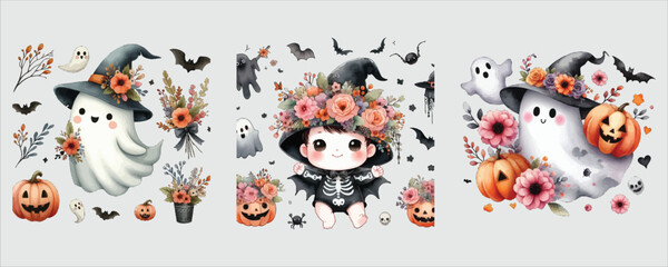 Art of watercolor halloween ghost and witch