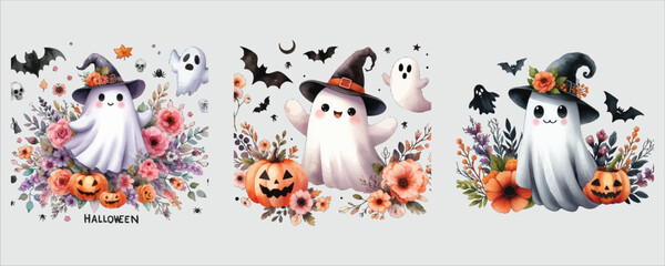 Art of watercolor halloween ghosts and witches