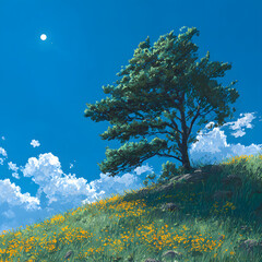 Obraz premium Scenic Green Tree on Grassy Hill with Blue Sky and Scattered Clouds