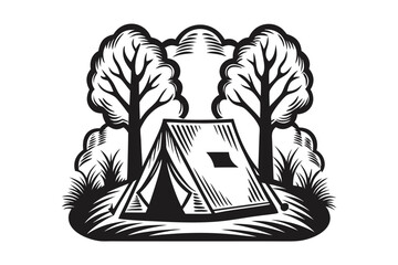 Minimalist Camp Tent Surrounded by Trees on White Background