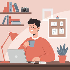 Man working at home office with laptop, drinking coffee and looking happy. Freelance work