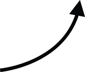 black upward curved arrow pointing diagonally symbolizes growth, progress, success, and positive trend. Minimal design vector for business, finance, and direction concepts. Isolated on white.