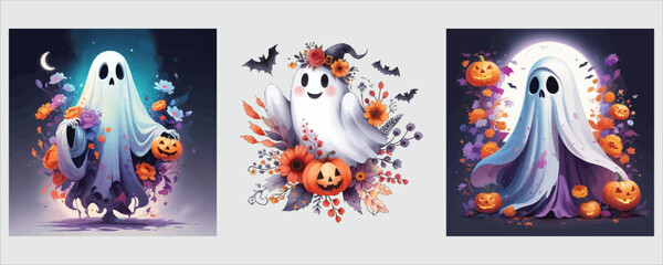 Art of cute halloween ghosts with floral decoration
