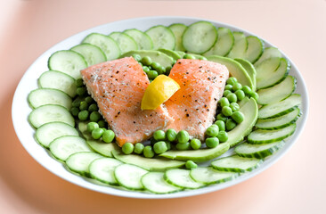 Close Up of Scottish Salmon Fillets High in Protein and Omega 3 with Avocado, Cucumber and Green Peas, Healthy Organic Diet