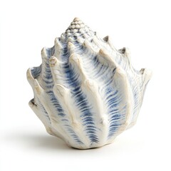 Decorative seashell, ceramic, detailed, ornate.  Cream-colored, stylized seashell sculpture with blue, patterned design.  High-quality, handcrafted appearance, isolated on white background