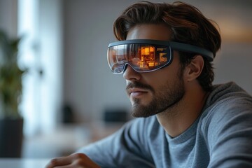 A man wearing futuristic smart glasses, displaying digital data.  He looks thoughtfully into the distance.